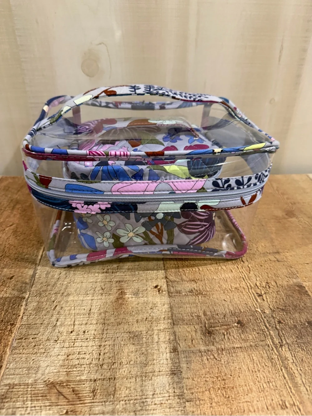 Vera Bradley Set-Purple Floral Quilted Cosmetic Case with Clear Floral Trim Case